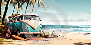 Summer Beach Vacation with Vintage Van Surfboard Guitar Beach Ball and Flip-Flops on Tropical Seaside