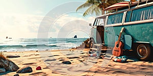 Summer Beach Vacation with Vintage Van Surfboard Guitar Beach Ball and Flip-Flops on Tropical Seaside