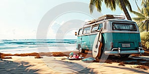 Summer Beach Vacation with Vintage Van Surfboard Guitar Beach Ball and Flip-Flops on Tropical Seaside