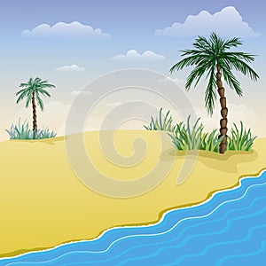 Summer beach vector background. tropical sea and sandy shore with palms. cartoon style illustration of seaside at sunset