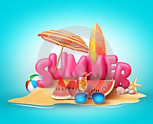 Summer beach vector banner design. Summer 3d text in the sand