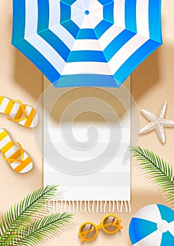 Summer beach vertical background with sun umbrella, flip flops, sunglasses, ball and palm leaves on sand