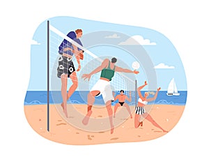 Summer beach volleyball. People teams playing volley ball with net on sand at sea coast on holiday. Beachvolley, seaside