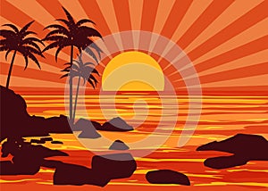 Summer beatiful sunset backgrounds coast seashore with mountaines stones beach, sun, palm trees, sky, horison. Vector