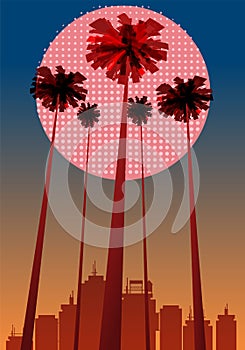 Summer beatiful sunset backgrounds with palms trees cityscape, sky horison dots pattern. Vector illustration, isolated