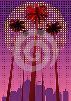 Summer beatiful sunset backgrounds with palms trees cityscape, sky horison dots pattern. Vector illustration, isolated