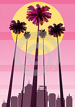 Summer beatiful sunset backgrounds with palms trees cityscape, sky horison. Vector illustration, isolated, template