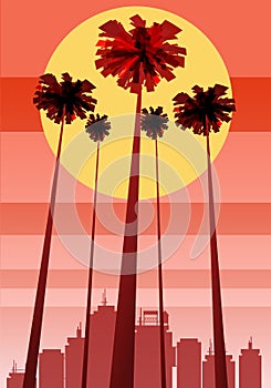 Summer beatiful sunset backgrounds with palms trees cityscape, sky horison. Vector illustration, isolated, template