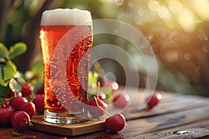 summer beer selections, chilled cherry beer, with a frothy foam, a great way to cool off on a hot summer day while