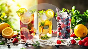 Summer berries cocktails. Assorted Healthy drinks. Refreshing Summer Fruit Infused Water Served Outdoors