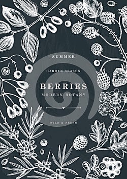 Summer berries and flowers frame on chalk board. Hand drawn berry design. Fresh fruits: strawberry, cranberry, currant, cherry,