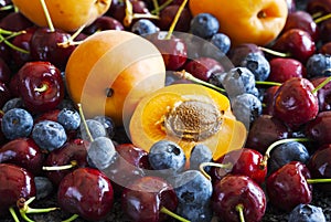 Summer berries and fruits: sweet cherries, blueberries and apricots