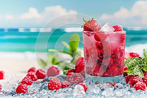 Summer berry cocktail in clear glass on sunny beach, perfect refreshment by the seaside