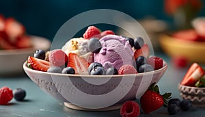 Summer berry dessert fresh blueberry, raspberry, and strawberry ice cream sundae generated by AI