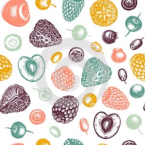 Summer berry seamless pattern. Hand drawn berries background. With fresh fruit: strawberry, cranberry, currant, cherry, bilberry,