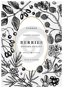 Summer berry vintage design. Hand drawn berries and flowers illustrations. Fresh fruits: strawberry, cranberry, currant, cherry,