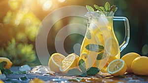 summer beverage inspiration, refreshing summer drink idea: iced lemonade with mint leaves and sliced lemons in a pitcher