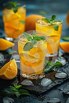 summer beverage refreshment, refreshing mango lemonade garnished with fresh mint leaves in a close-up shot, perfect for