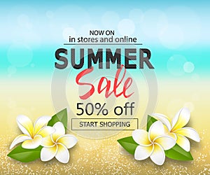 Summer big sale background with tropical flowers. Travel template with blurred effect for design banner.