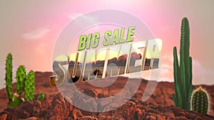 Summer Big Sale in desert landscape with mountain and cacti in sunset