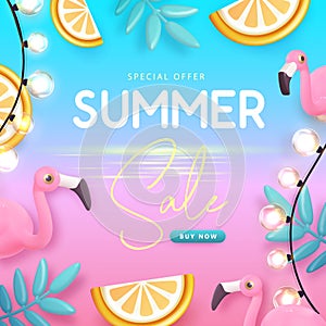 Summer big sale typography poster with 3d plastic flamingo, tropic fruits and tropic leaves. Summer background.