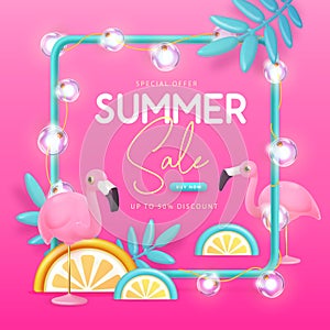 Summer big sale typography poster with 3d plastic flamingo, tropic fruits and tropic leaves. Summer background.
