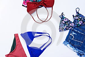 Summer bikini swimsuit clothes and accessories concept