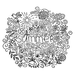 Summer black hand drawn thin line postcard isolated on white background. Seasonal greeting with word Summer.