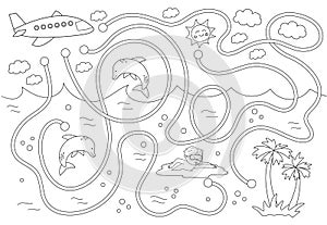 Summer black and white maze for children. Preschool exotic activity. Funny puzzle with cute airplane, swimming boy, dolphins. Help