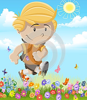 Summer Bliss: Cartoon Boy Frolicking in Flower Field