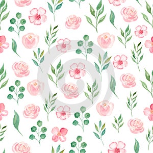 Summer bloomy flowers and leaves seamless watercolor raster pattern photo