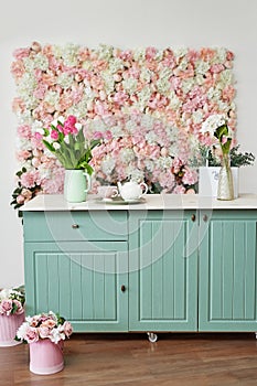 Summer blossoming delicate roses and hydrangeas on flowers festive background, pastel and soft bouquet floral card. Spring