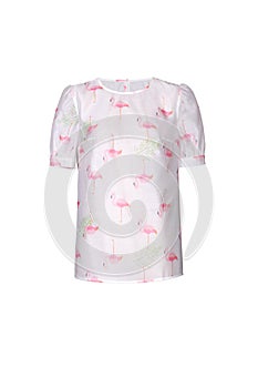 Summer blouse with pink flamingo print on a white background