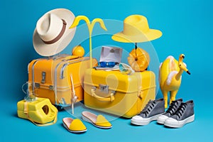 summer blue flamingo camera travel suitcase yellow vacation background concept sunglasses. Generative AI.