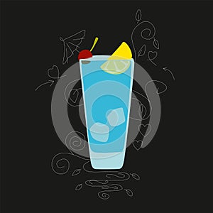 Summer blue with ice, lemon and cherry, drink, cocktail party Martini with glass doodles on a black splash background