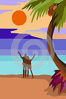 Summer blue sea, sun light ,warm beach, island landscape, vacation, love holiday, coconut trees, tropical sunset hawaii. Vector