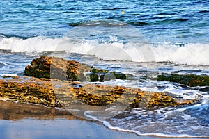 Summer blue sky sea coast sand background beach.