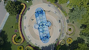 Summer blue urban cascading fountain aerial