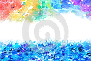 Summer blue wave and rainbow, watercolor hand paint texture back
