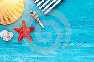 Summer board of sea shells scallop and star fish on blue wooden background