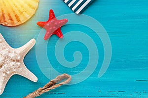 Summer board of sea shells scallop and star fish on blue wooden background