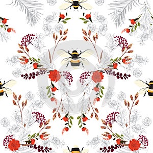 Summer botanical blooming garden flowers unfinished line drawing with stylish bees seamless pattern vector design for fashion,