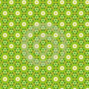 Summer botanical pattern with red ladybugs and white daisies isolated on a bright green background