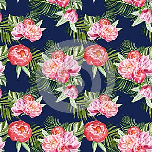 Summer botanical print with green tropical leaves and flowers on navy blue background. Hawaiian exotic plants seamless pattern