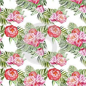 Summer botanical print with green tropical leaves and flowers on white background. Hawaiian exotic plants seamless pattern