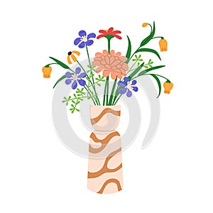 Summer bouquet, floral arrangement in vase. Blossomed field flowers mix, meadow blooms, wildflower bunch. Natural