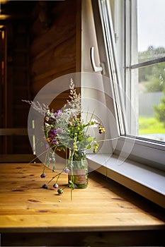 Summer bouquet of flowers at the window of the cottage, rural still life. Rustic style, vintage colors. Selective focus