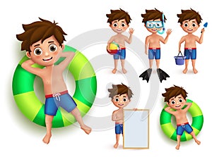 Summer boy kid vector character set. Young kids doing summer outdoor activities like swimming photo
