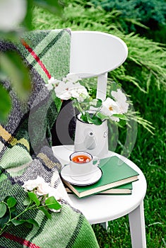 Summer breakfast in garden. Cup of tea on books, flowers white wild rose in vase teapot, warm plaid on white chair outside in