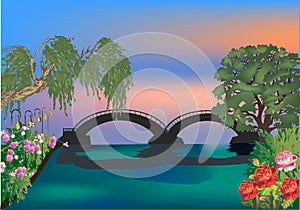 Summer bridge and green trees